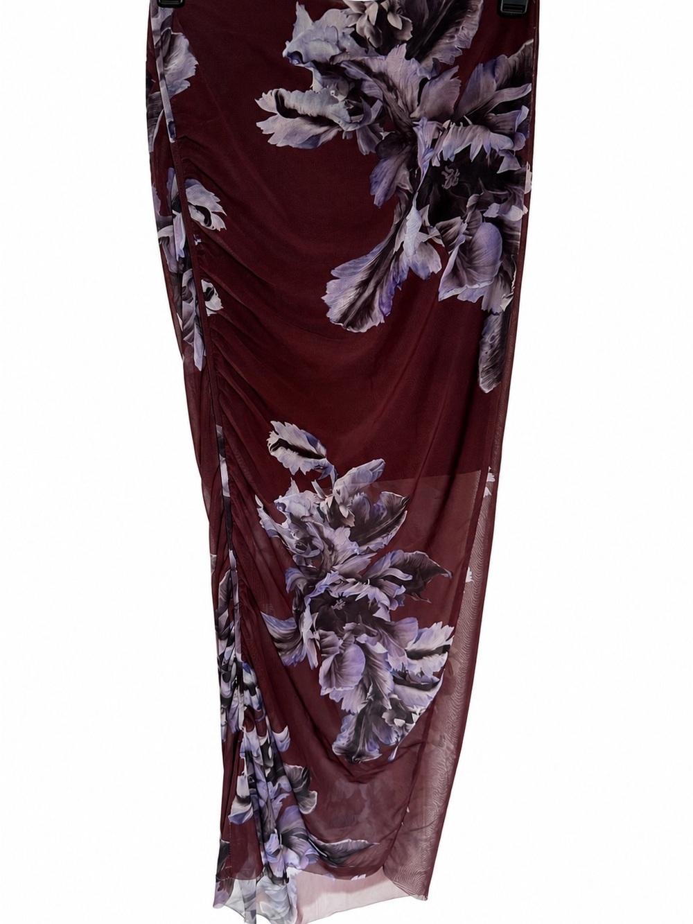 All Saints Burgundy Floral Ruched Mesh Maxi Skirt US 4